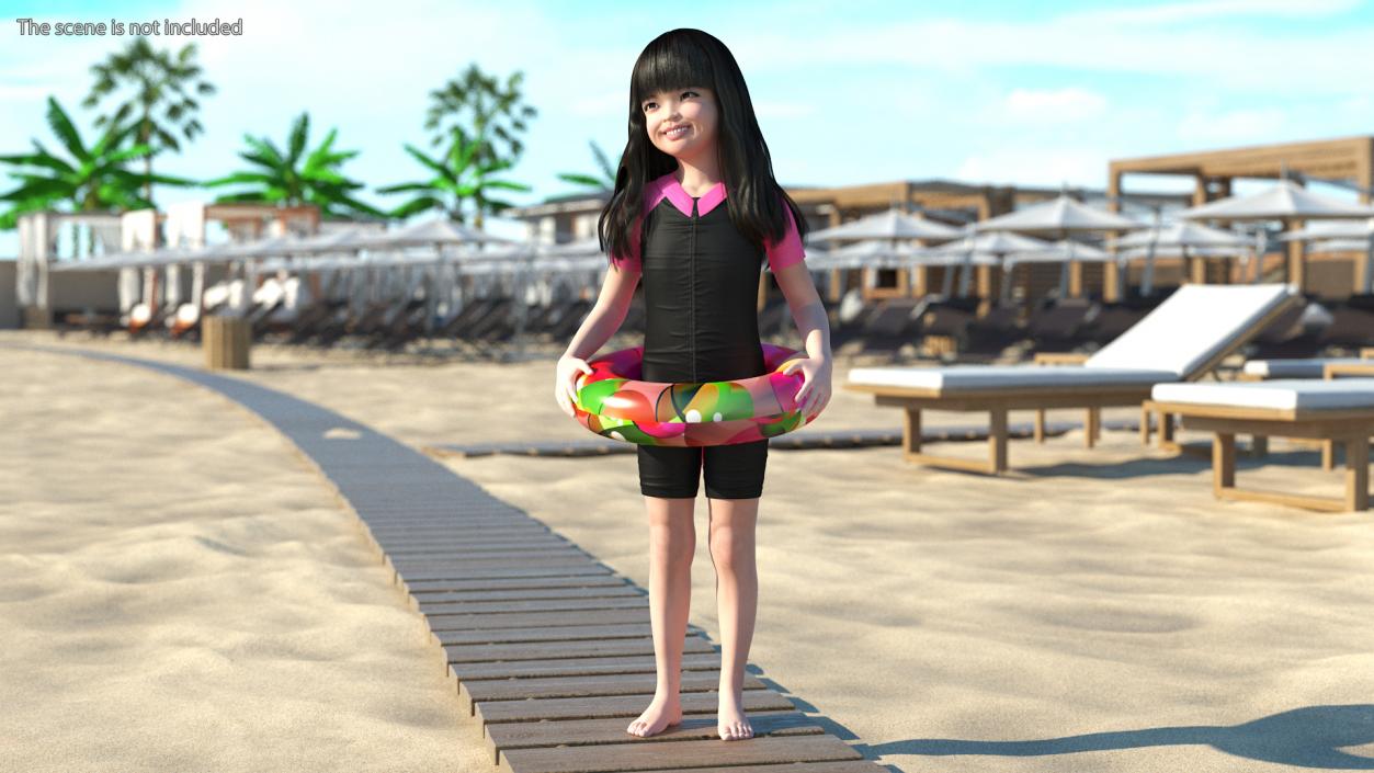 3D Asian Girl in Beach Suit with Inflatable Circle Rigged for Maya model