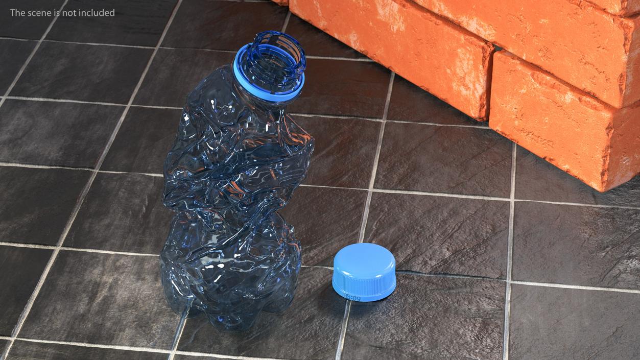 3D model Upright Crushed Empty Plastic Bottle Blue with Cap