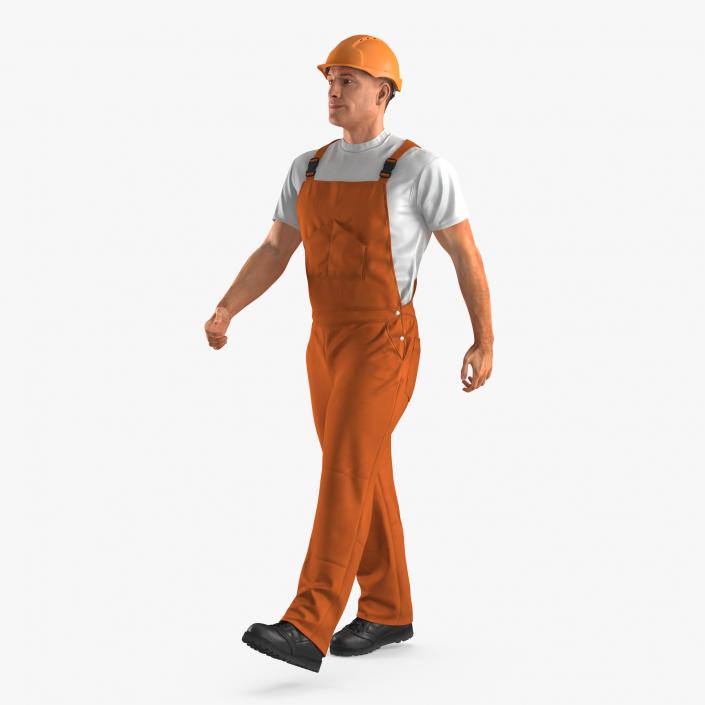 3D Builder Wearing Orange Coveralls with Hardhat Walking Pose model