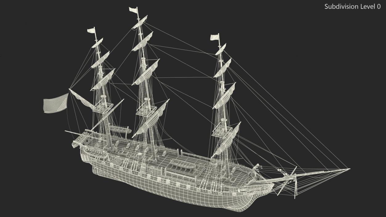 Three Masted Heavy Frigate Retracted Sails 3D