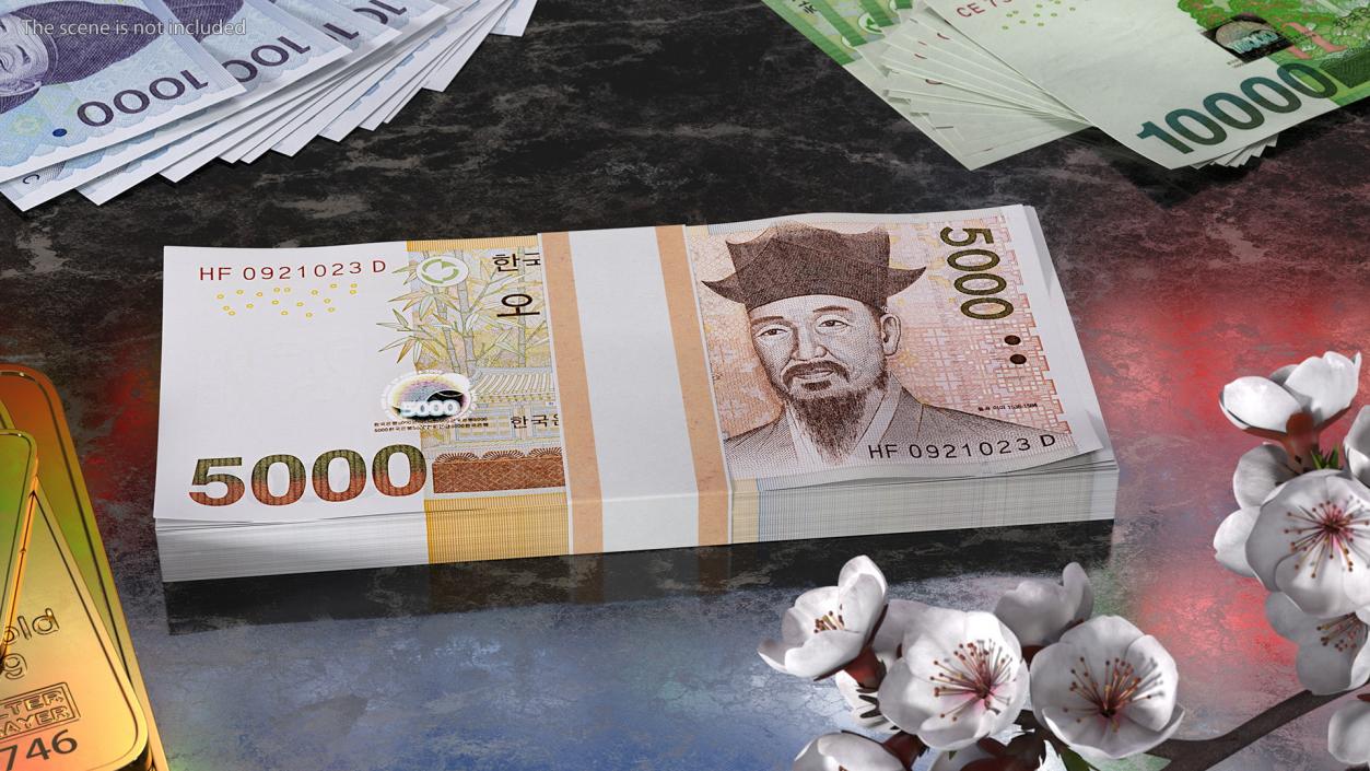 3D South Korean 5000 Won Banknotes Bundle model