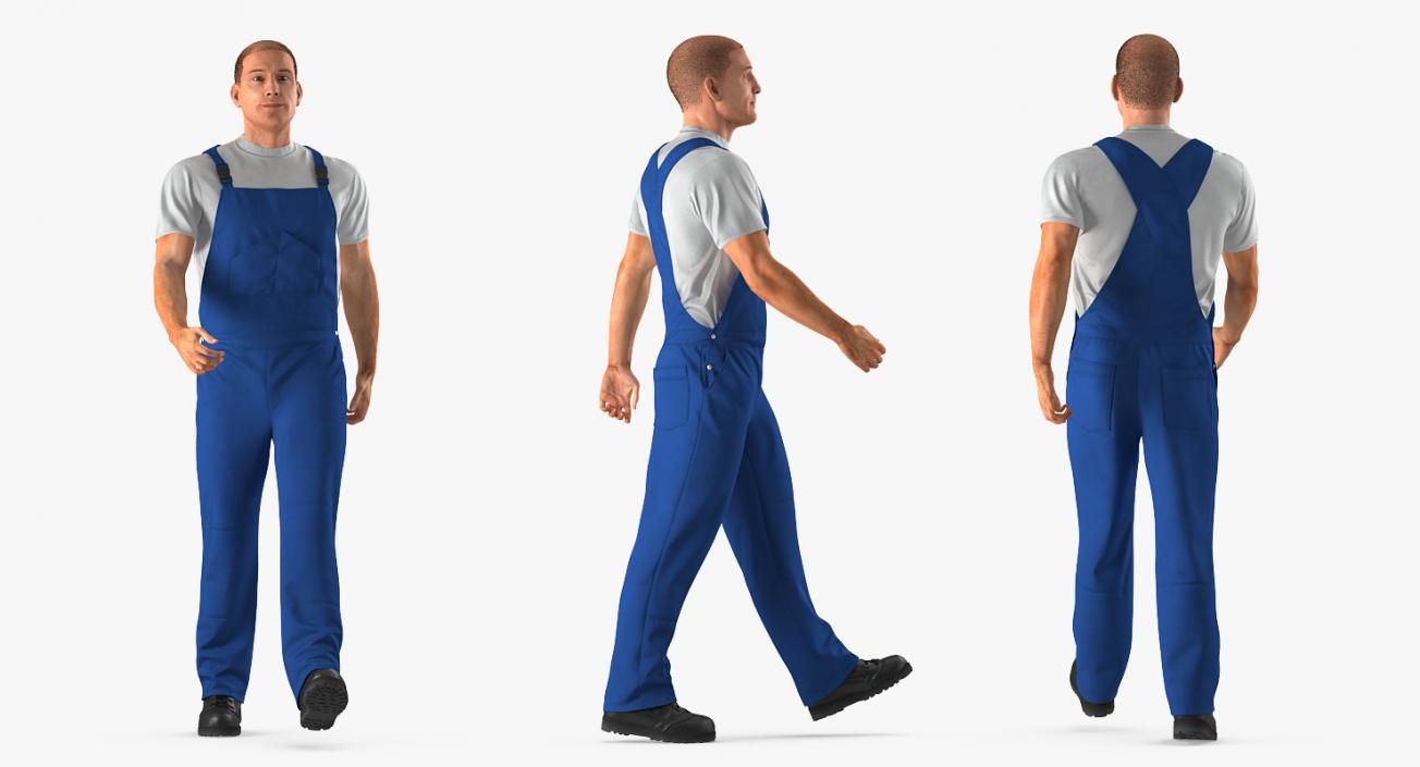 Worker In Blue Overalls with Hardhat Walking Pose 3D model