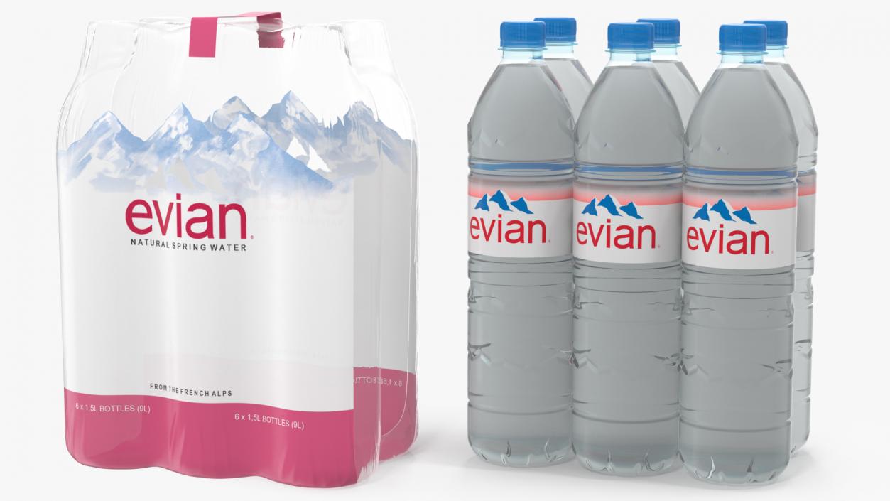 3D Evian Mineral Water 6 Bottle Pack model