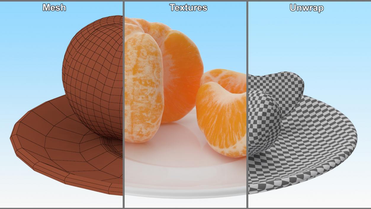 3D model Peeled Mandarin Split into Segments on White Plate