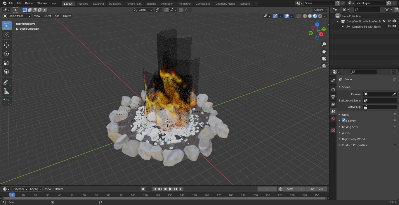 3D Campfire Pit with Bonfire Burning model
