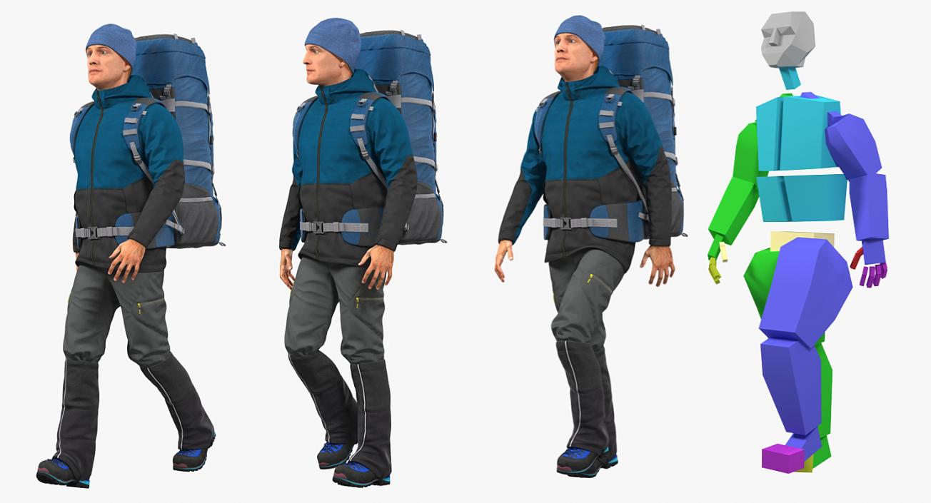 3D Winter Hiking Clothes Man with Backpack Rigged