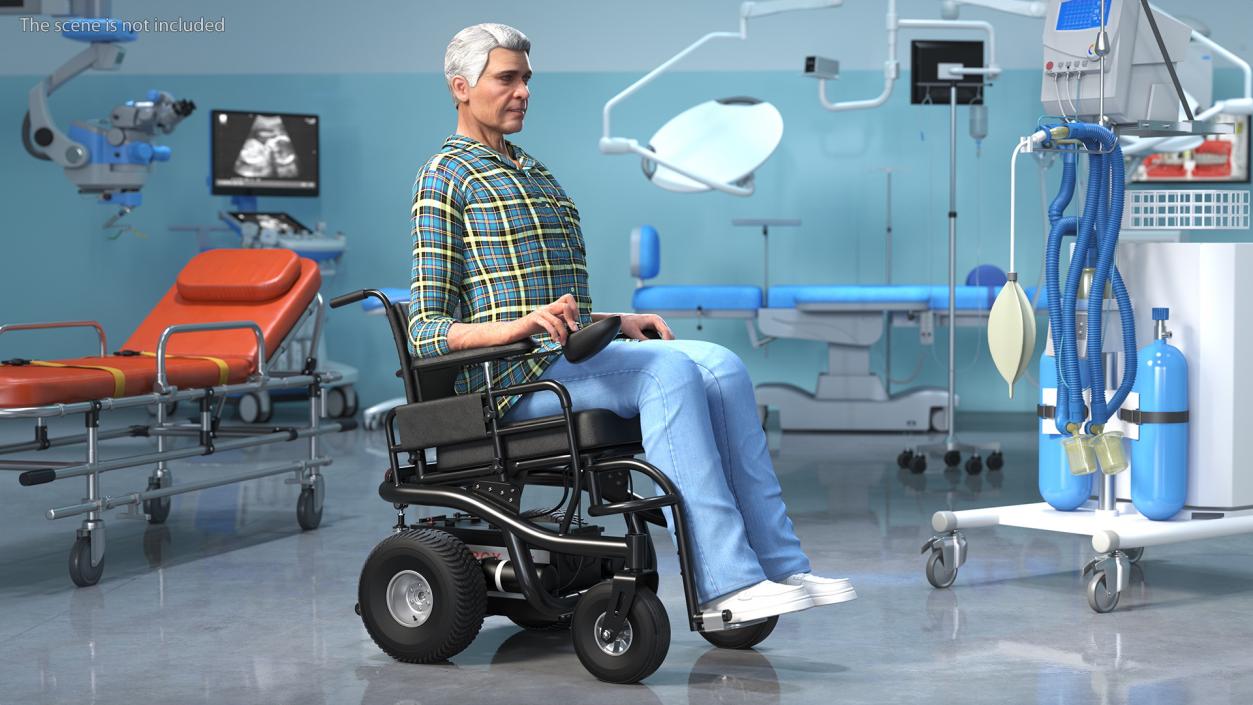 3D model Elderly Man Sitting in the Powered Wheelchair