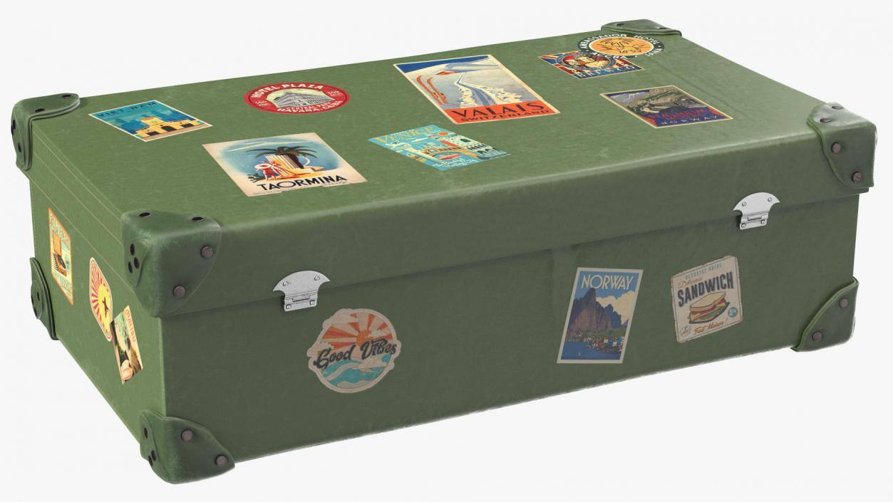 Vintage Leather Suitcase Large Green with Travel Stickers 3D