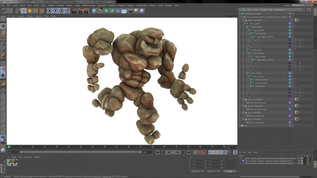 3D Stone Golem Cartoon Character Brown Rigged for Cinema 4D