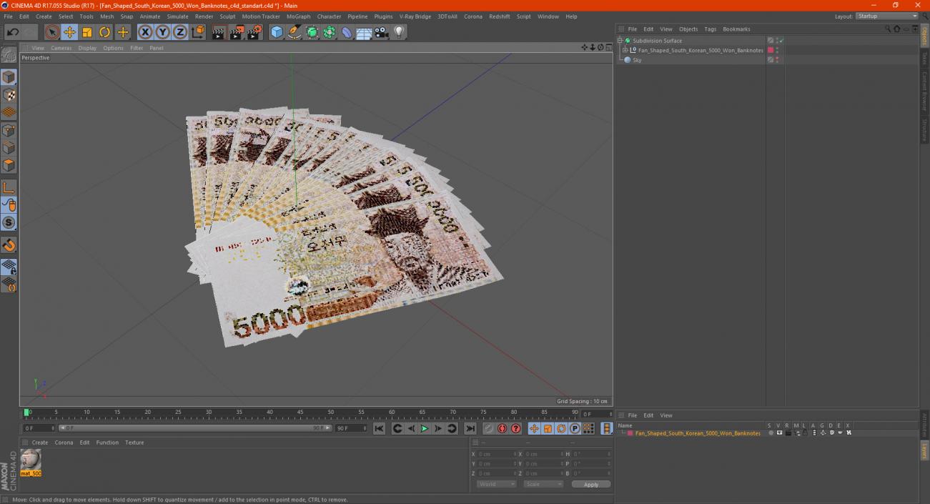 Fan Shaped South Korean 5000 Won Banknotes 3D