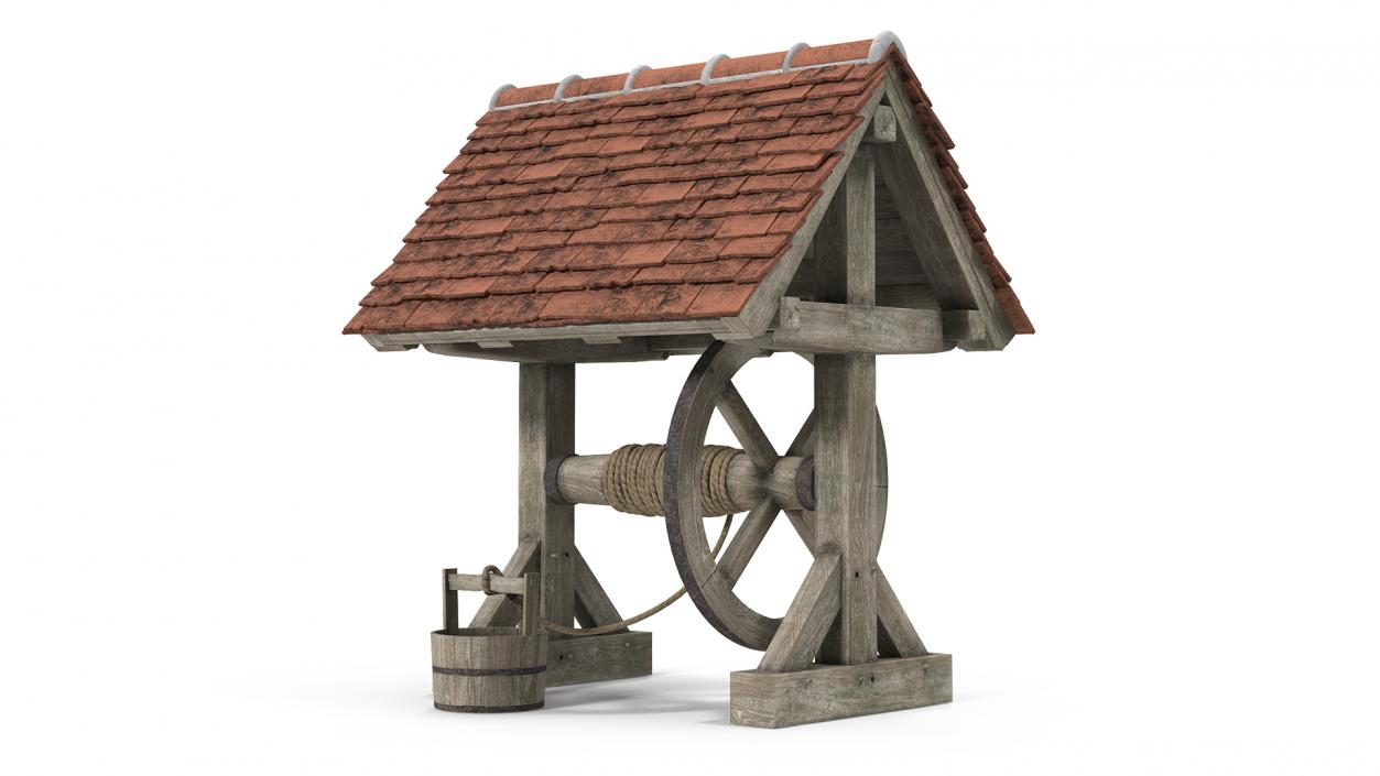 Old Water Well with Pulley and Bucket 3D