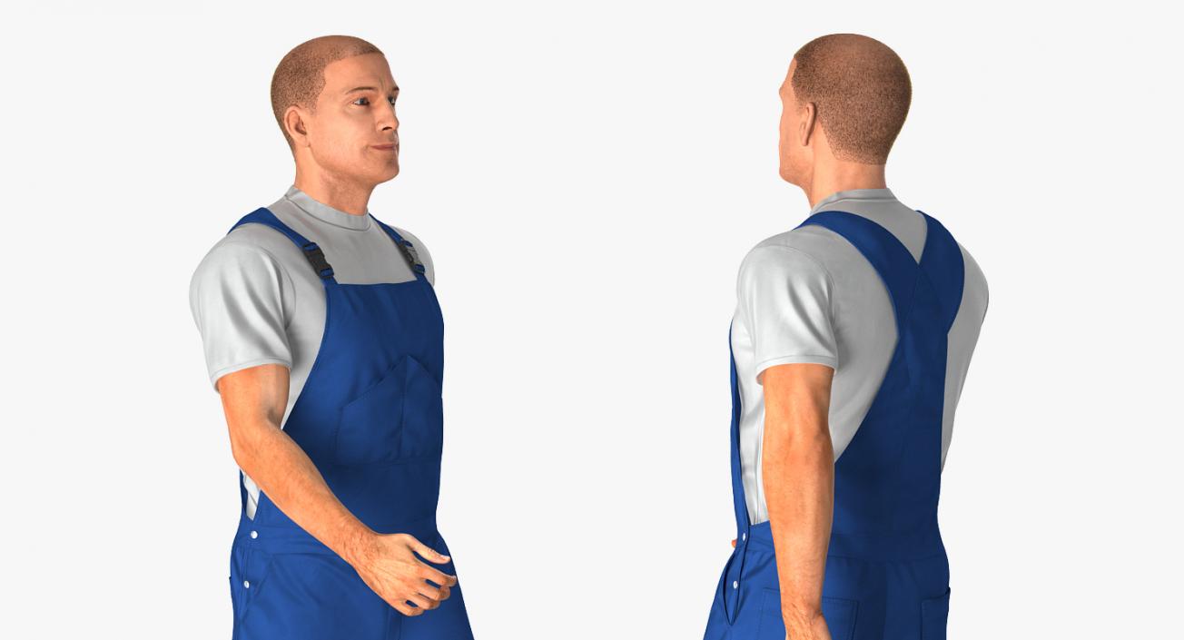 3D Worker In Blue Overalls Walking Pose