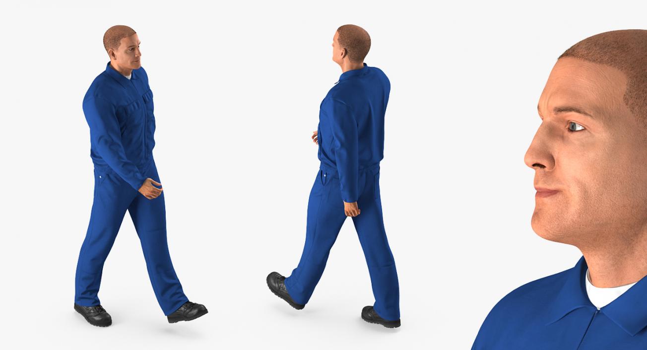 3D Worker In Blue Overalls Walking Pose