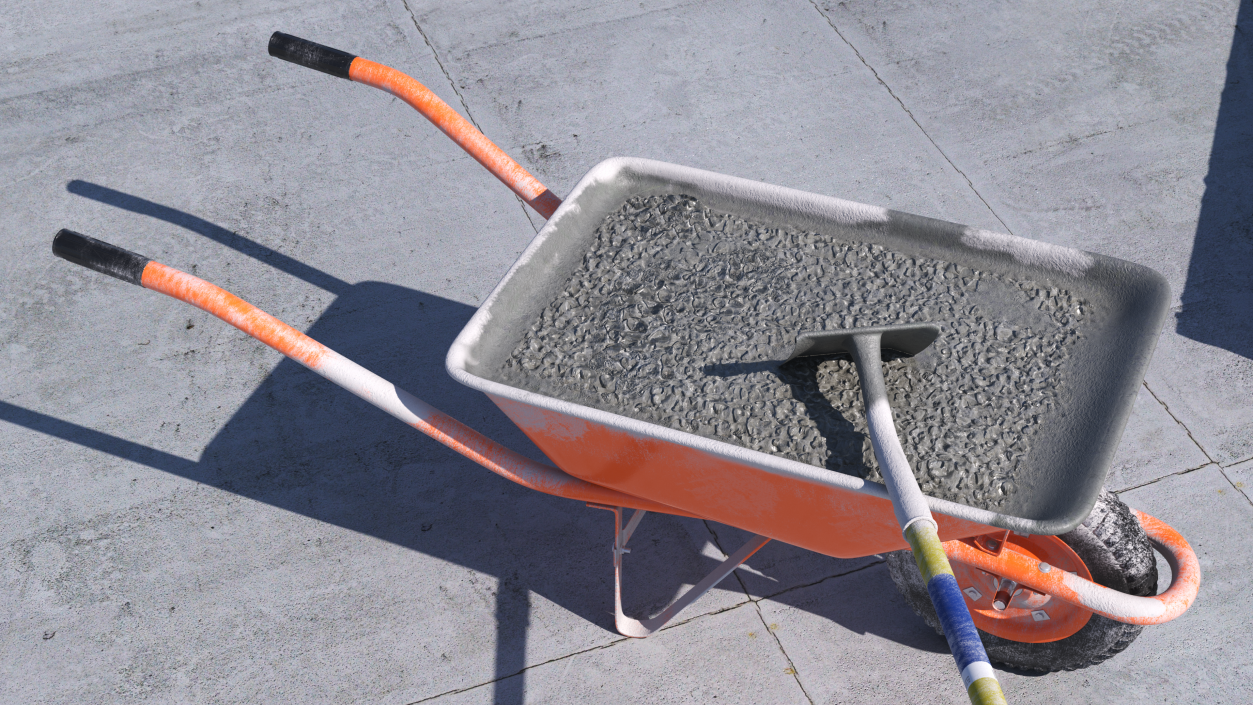 3D One Wheel Construction Cart Full of Concrete with Shovel