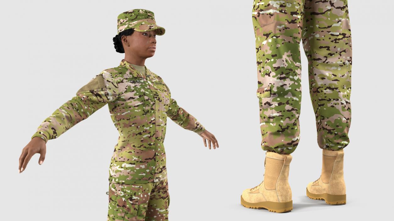 3D Black Female Soldier Camo T Pose Fur