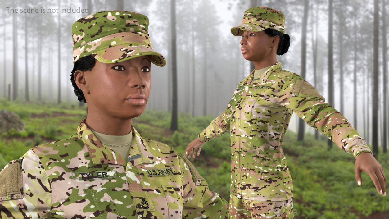 3D Black Female Soldier Camo T Pose Fur