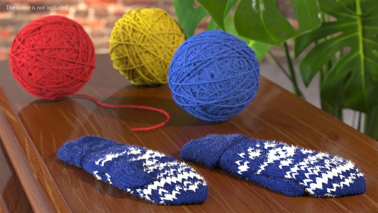 Knitted Blue Wool Mittens Fur 3D model