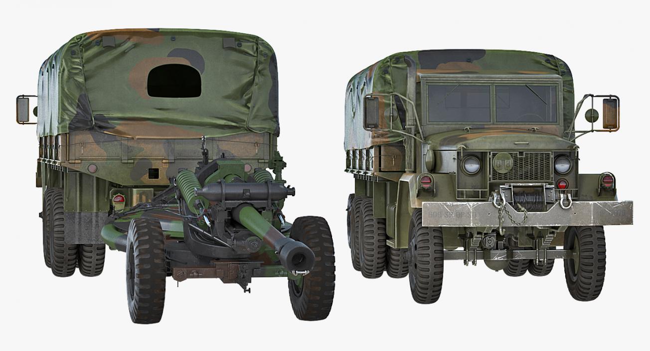 3D model US Military Truck m35a2 with Field Howitzer M119 Rigged