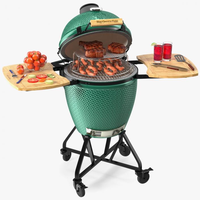 3D Big Green Egg Barbecue Grill Open with Meat and Vegetables model