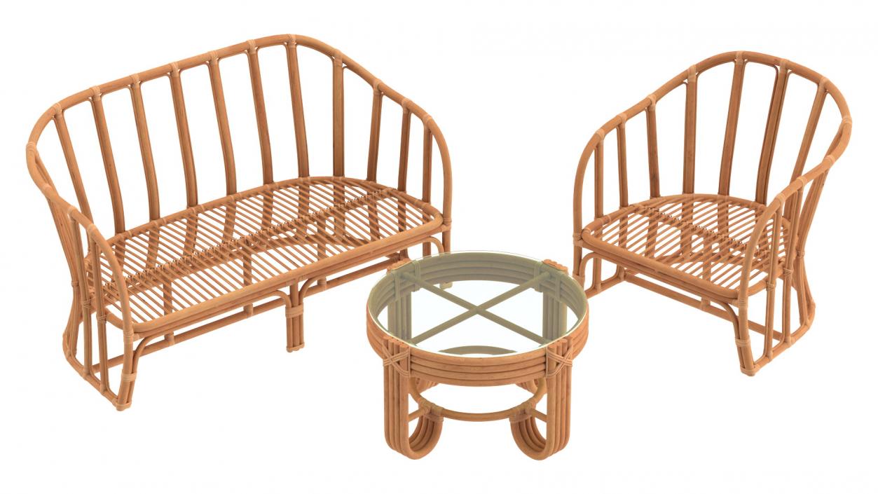 Vintage Rattan Furniture with Cushions Set 3D