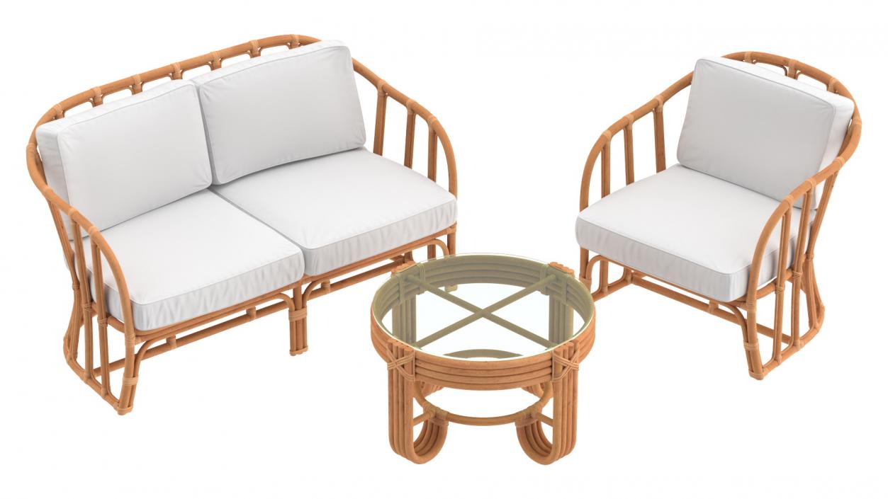 Vintage Rattan Furniture with Cushions Set 3D