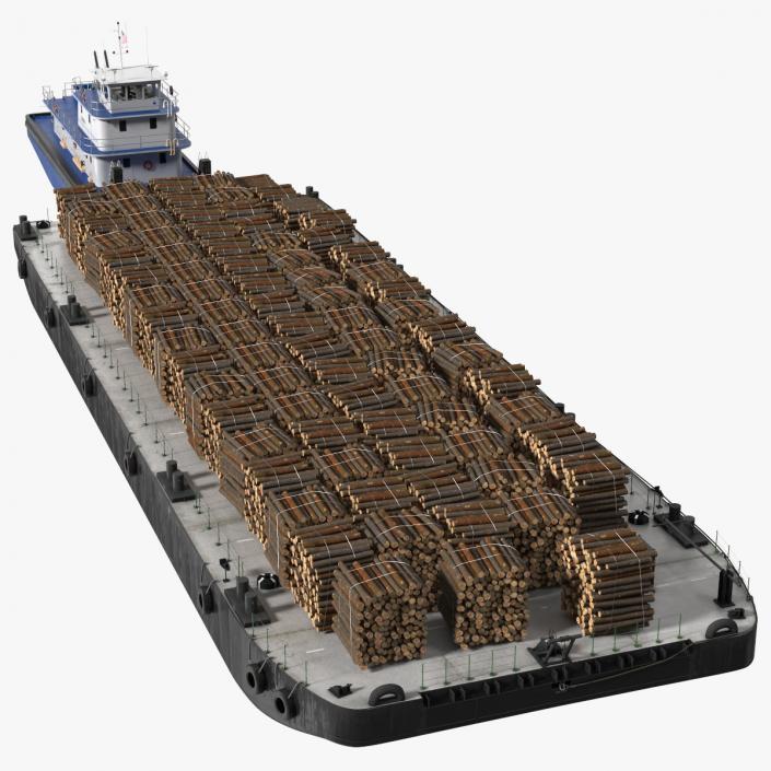3D model Push Boat Ship with Pontoon Barge Loaded Wood Logs