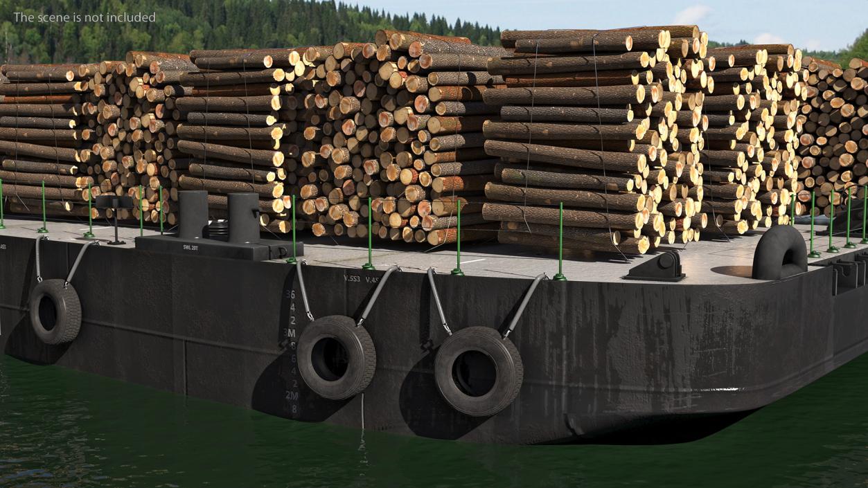 3D model Push Boat Ship with Pontoon Barge Loaded Wood Logs
