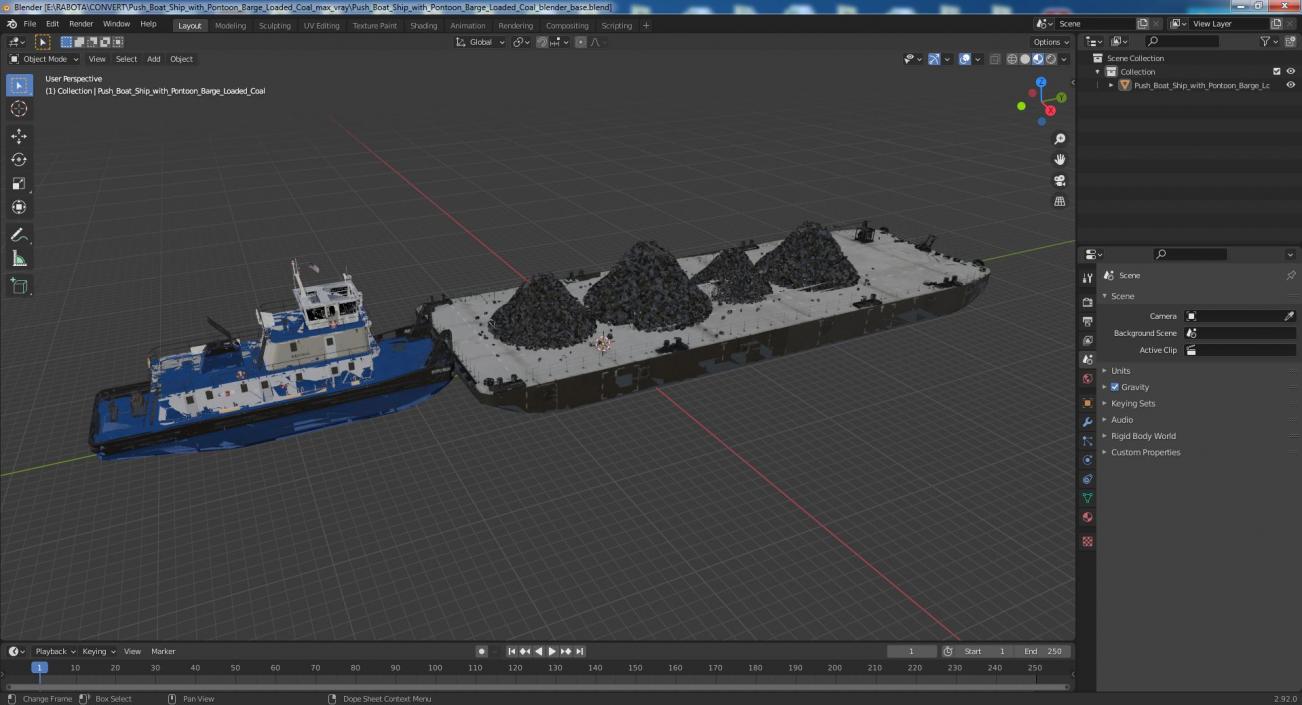 3D model Push Boat Ship with Pontoon Barge Loaded Coal