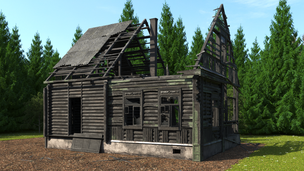 Burnt Wooden House Green 3D model