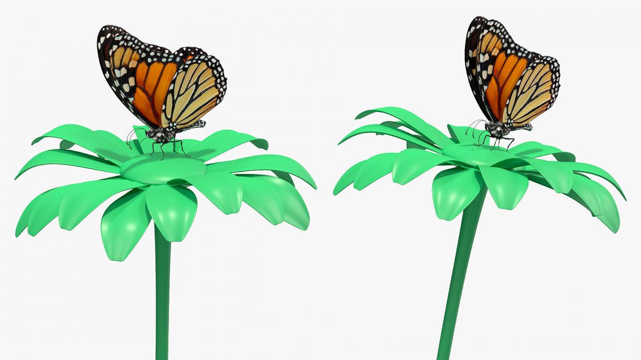 Animated Monarch Butterfly Collects Nectar from Swinging Flower Fur Rigged 3D model