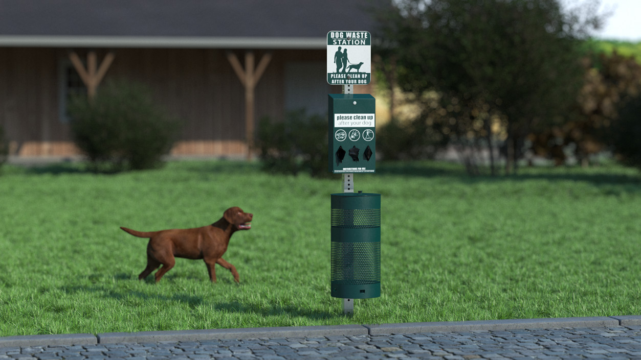 Station for Pet Waste with Round Can Green 3D