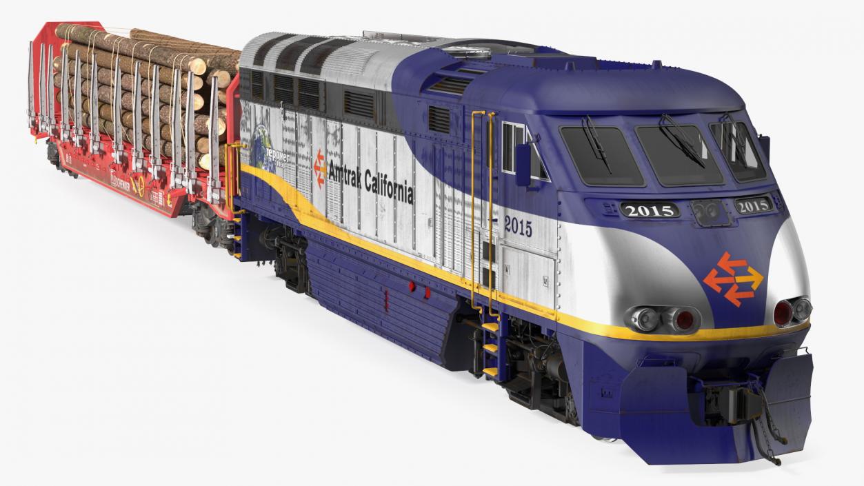 3D Diesel Electric Locomotive with Stake Wagon with Logs model