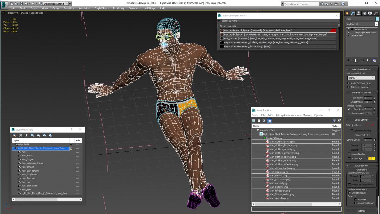 3D Light Skin Black Man in Swimwear Lying Pose model