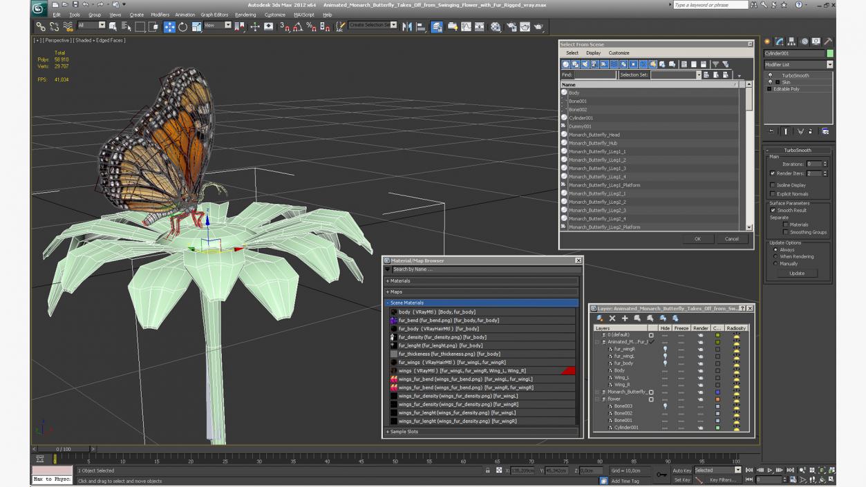 3D Animated Monarch Butterfly Takes Off from Swinging Flower with Fur Rigged(1)
