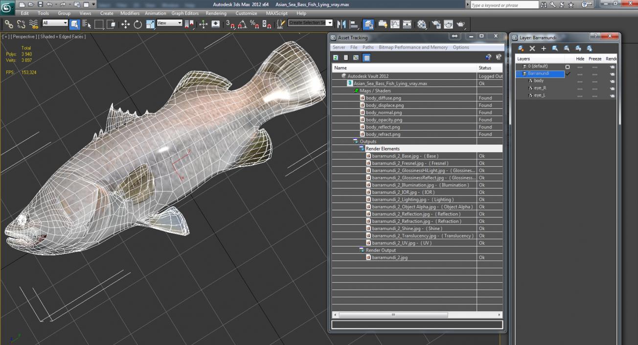 3D model Asian Sea Bass Fish Lying