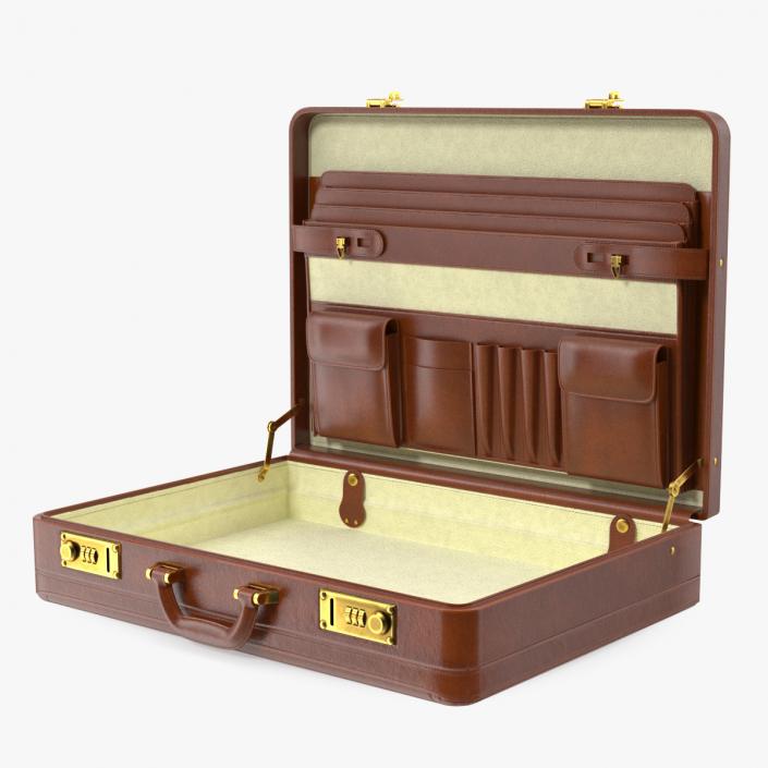 3D Opened Hard Shell Leather Briefcase Brown