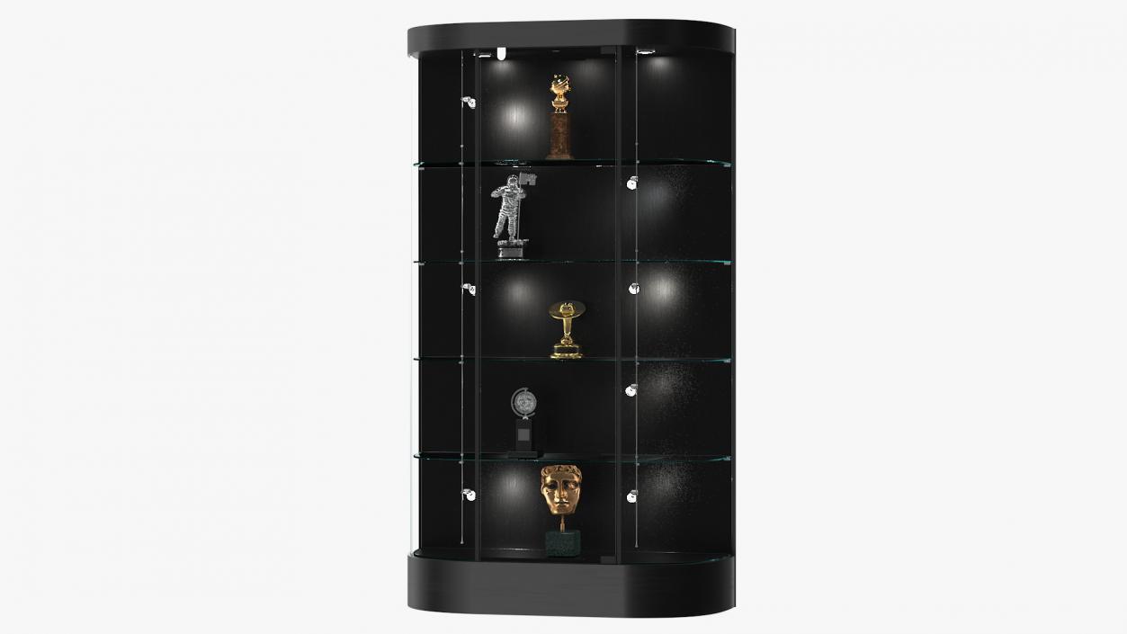Curved Wall Display Case Black with Trophies 3D model