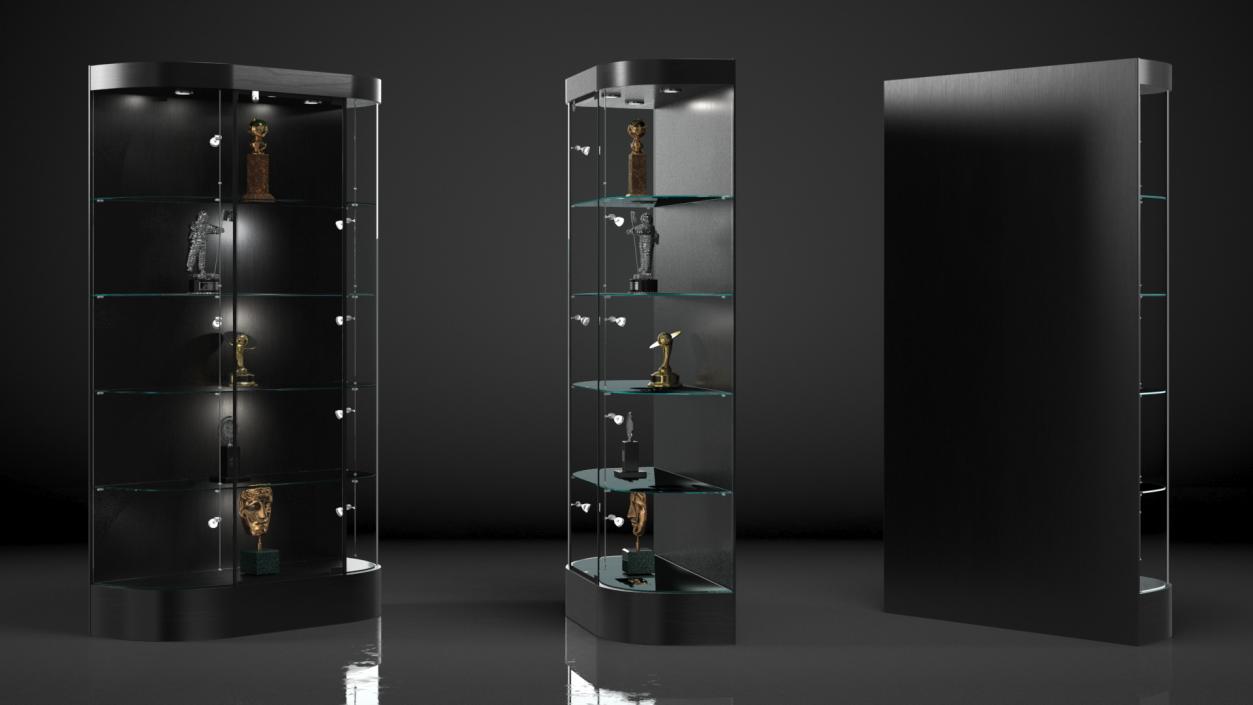 Curved Wall Display Case Black with Trophies 3D model