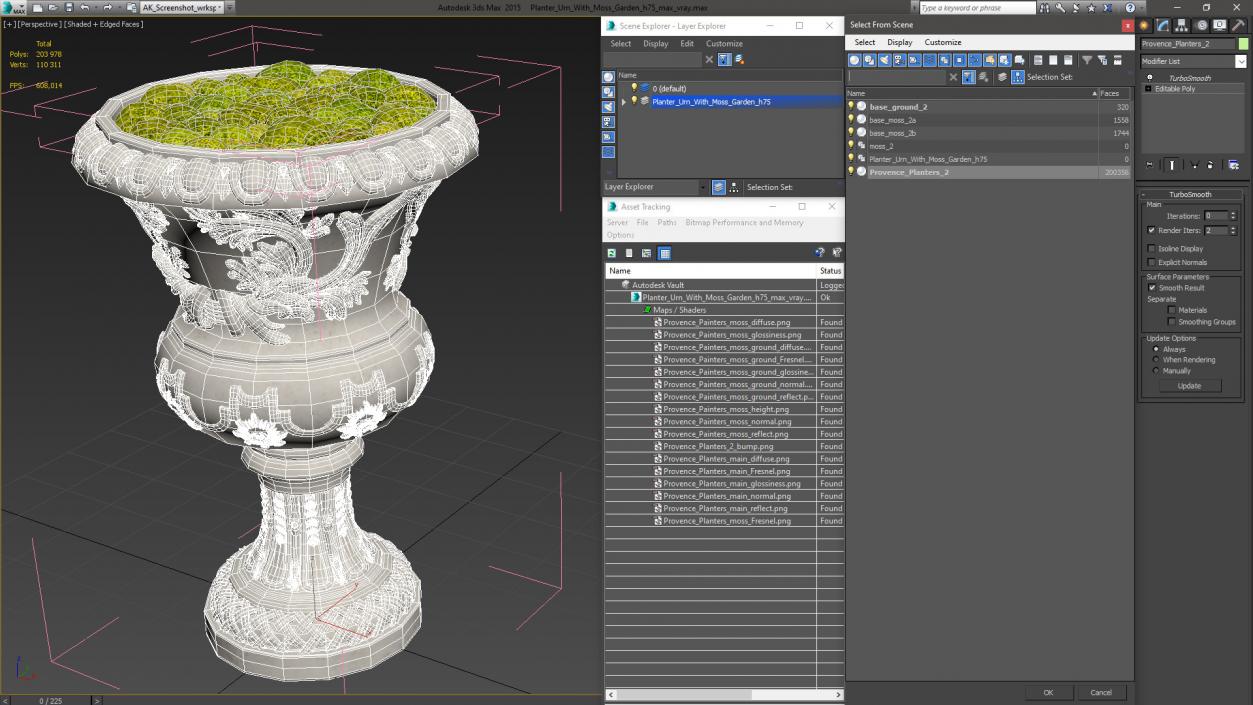 Planter Urn With Moss Garden h75 3D