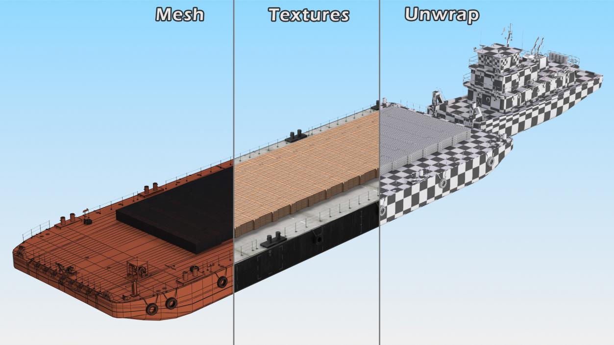 Push Boat Ship with Pontoon Barge Loaded Wood Planks 3D