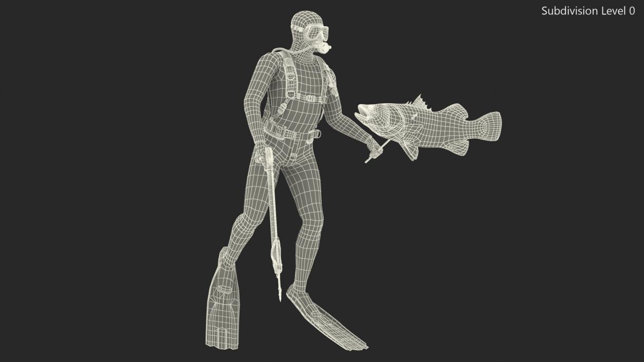 Diver with Underwater Speargun and Fish 3D model
