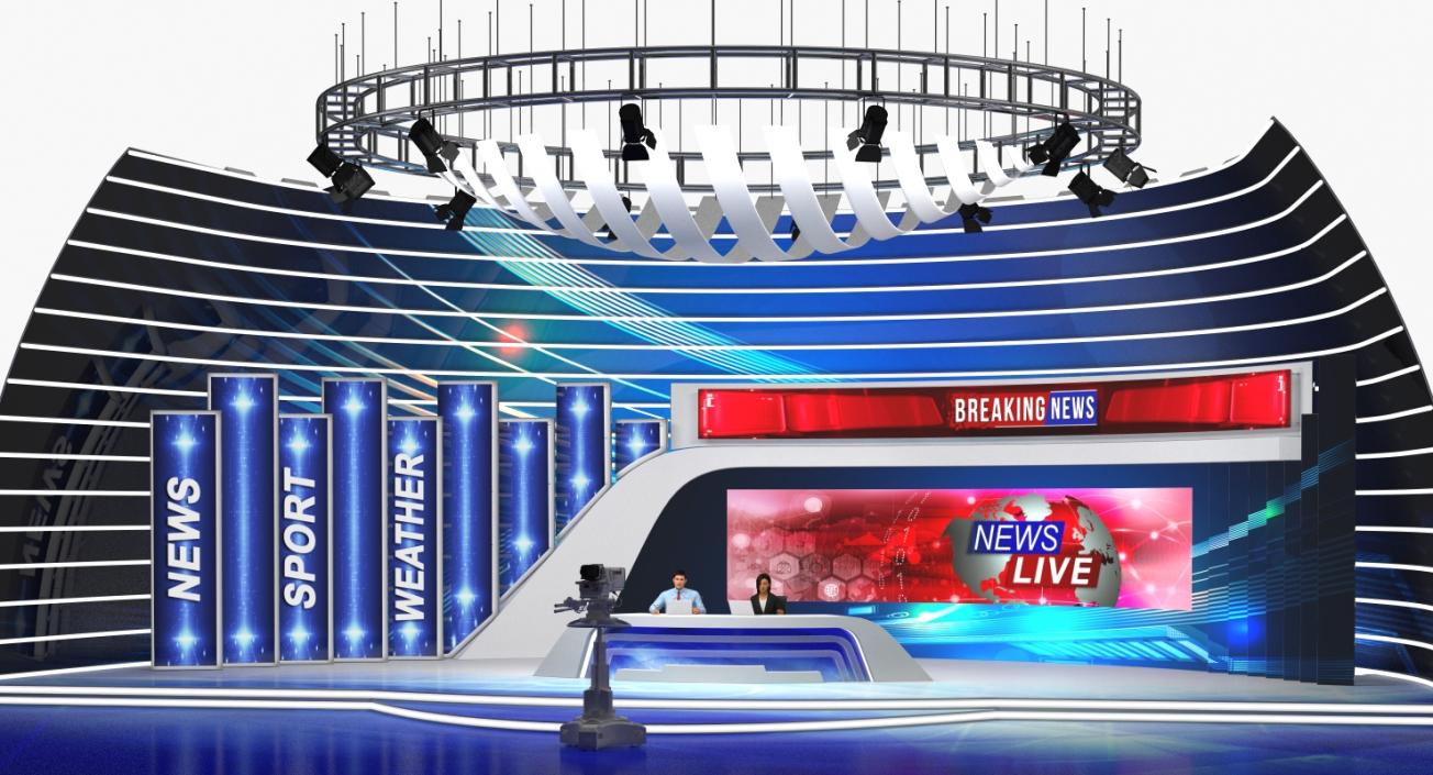 3D TV News Studio with Camera and Presenters Rigged model