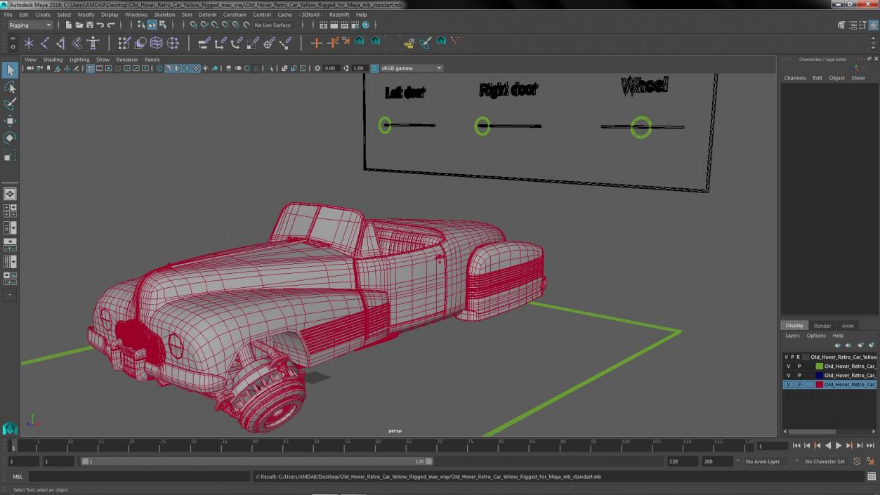 Old Hover Retro Car Yellow Rigged for Maya 3D