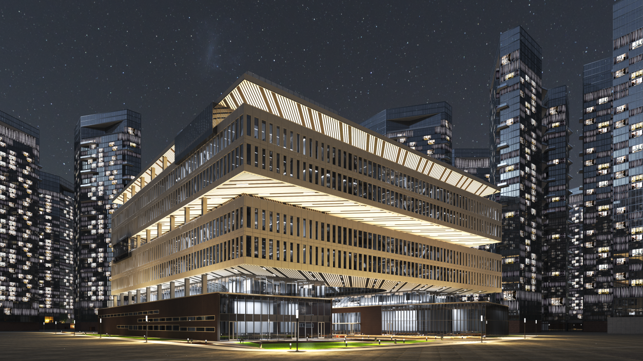 3D Modern Office Building Night Glow model
