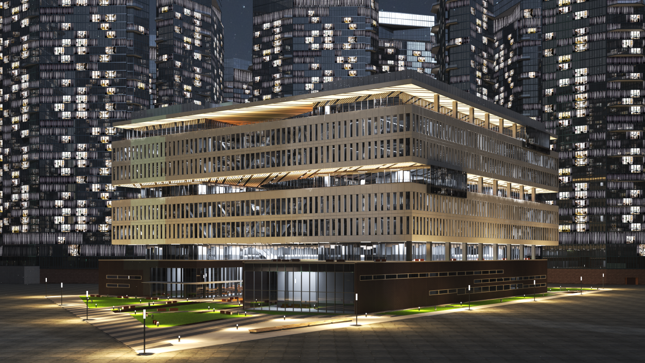 3D Modern Office Building Night Glow model