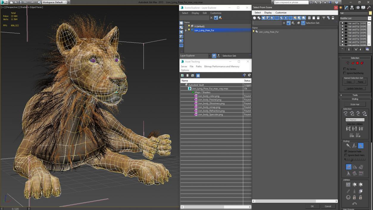 Lion Lying Pose Fur 3D model
