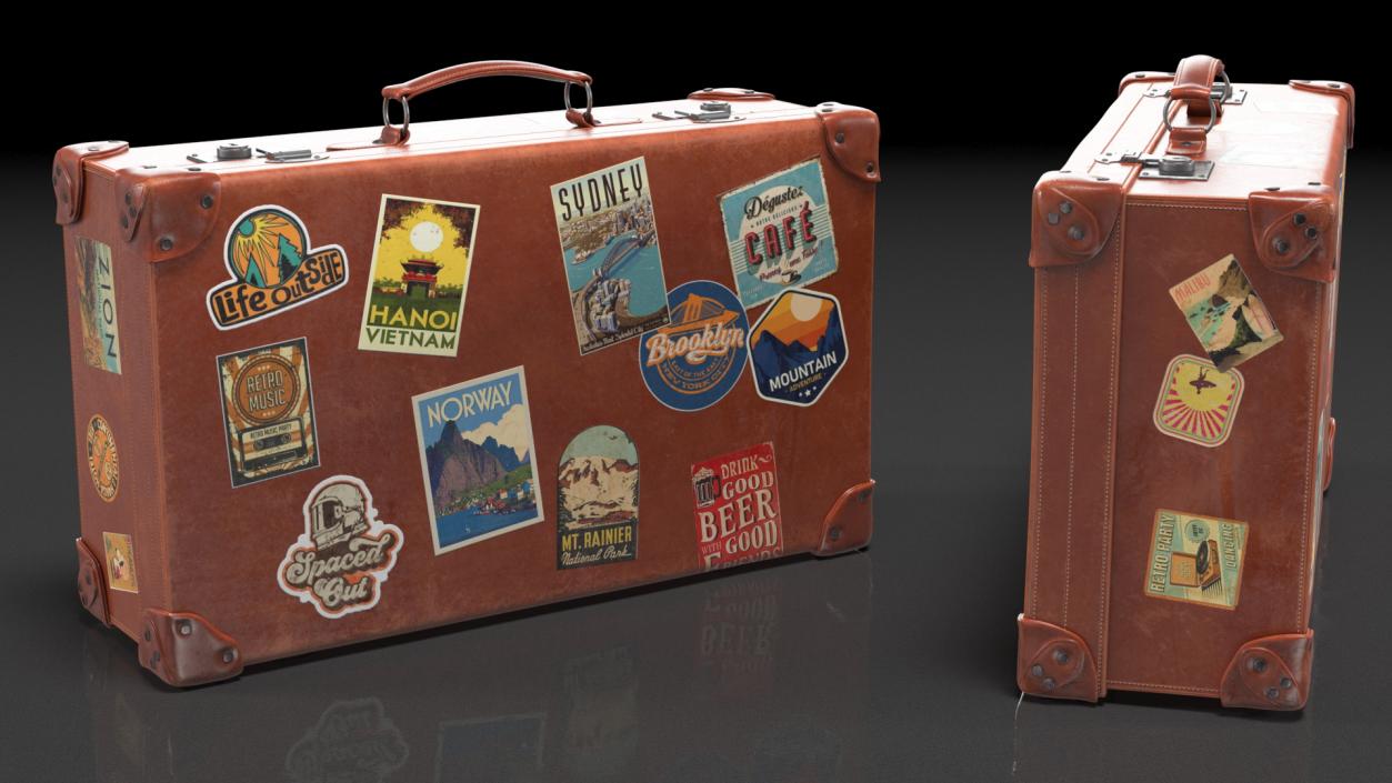 3D Vintage Leather Suitcase Medium Brown with Travel Stickers model