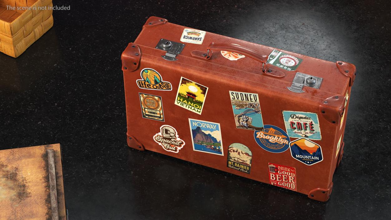 3D Vintage Leather Suitcase Medium Brown with Travel Stickers model
