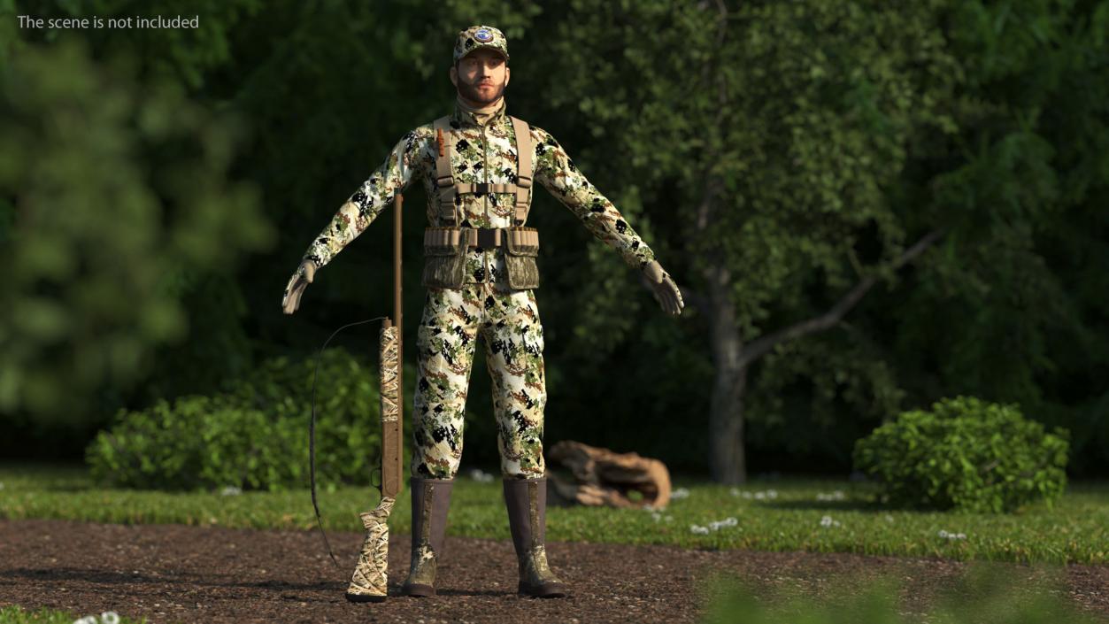 3D Duck Hunter With Gun A-pose in Forest Camo Fur