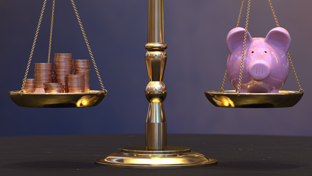 Scales Piggy Bank And Coins 3D